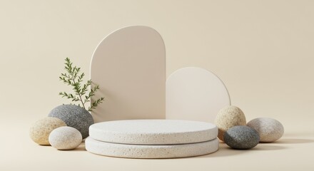 Minimalist stone podium display for product showcase on beige background