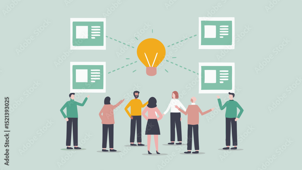 Poster group of people brainstorming with lightbulb and documents in a meeting for new ideas and projects