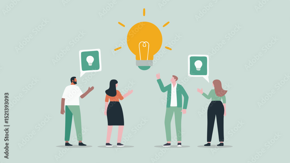 Poster group of people standing under a lightbulb with speech bubbles having idea lightbulb icons above the