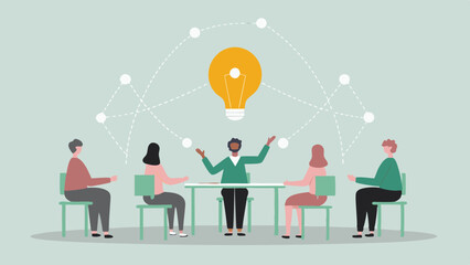 People sitting around a table with a lightbulb and connected dots above their heads in a meeting