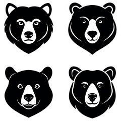 Four Black and White Bear Head Illustrations, Style Grizzly Bear Silhouette Icons