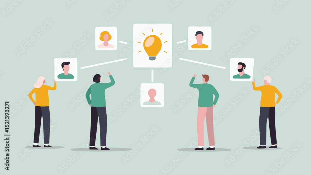 Aufkleber people connected to a central idea lightbulb in a network of collaboration and brainstorming session