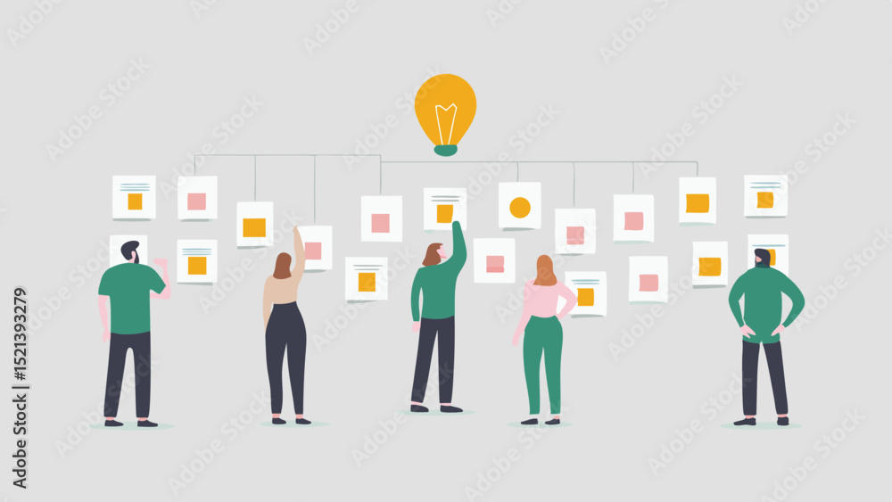 Poster people collaborating with lightbulb and documents on wall in a creative brainstorming session settin