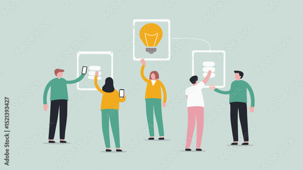 Poster group of people interacting with digital interfaces and a light bulb representing an idea concept