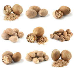 Nutmeg seeds on white background, set. Aromatic spice