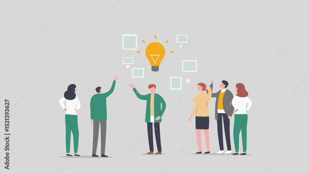 Aufkleber group of people standing around a lightbulb with boxes representing ideas and brainstorming session