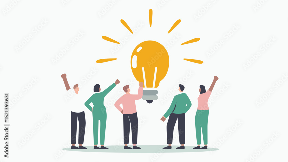 Aufkleber group of people looking up at a large lightbulb with rays emanating from it on a white background de