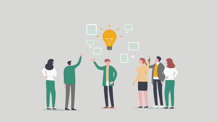Group of people standing around a lightbulb with boxes representing ideas and brainstorming session