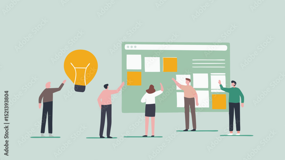 Poster illustration of a team brainstorming with a lightbulb and a digital board with sticky notes