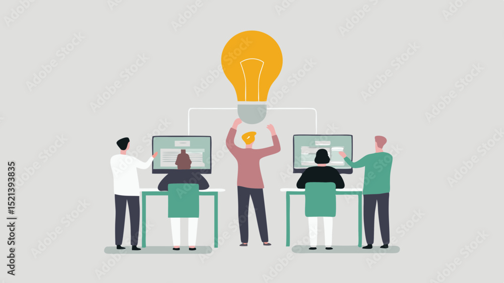 Poster team collaboration with computer screens and a light bulb representing a bright idea in a workplace 