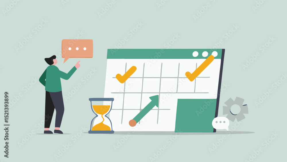 Poster illustration of a man pointing at a calendar with checkmarks and an hourglass on a light background