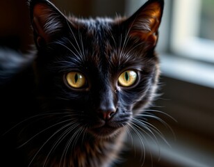 black cat with piercing yellow eyes in low light