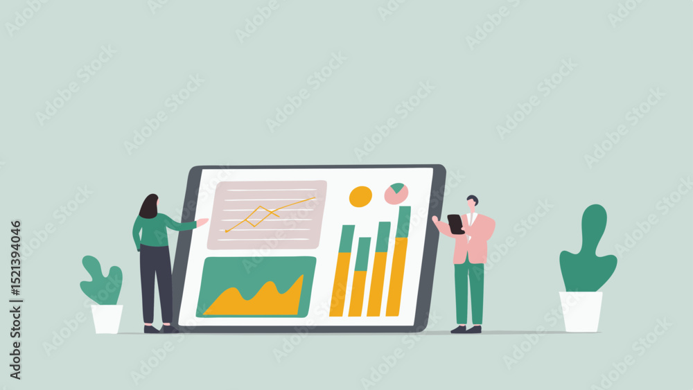 Poster two people analyzing data on a large tablet with charts and graphs, standing next to potted plants
