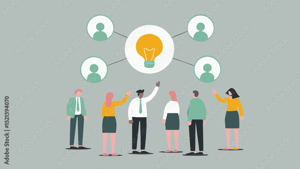 Aufkleber team collaboration with idea sharing and networking between people and a lightbulb concept shown