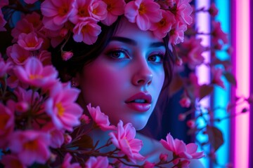 woman with flowers, bathed in violet and blue neon light
