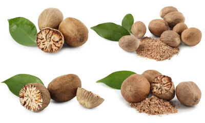Nutmeg seeds on white background, set. Aromatic spice