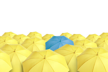 Blue umbrella among yellow ones against white background