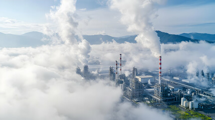 Aerial View Of Industrial Plant Over Misty Mountains