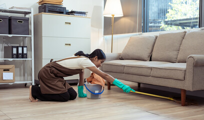 Young housekeeper wearing gloves and cleaning the table with a rag and cleaning spray. Professional...