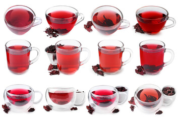 Hibiscus tea in glass cups and dried calyces isolated on white, set