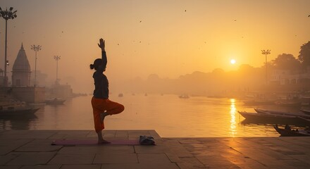 Yoga by River at Sunrise, Yoga at Sunrise by Sacred River in India