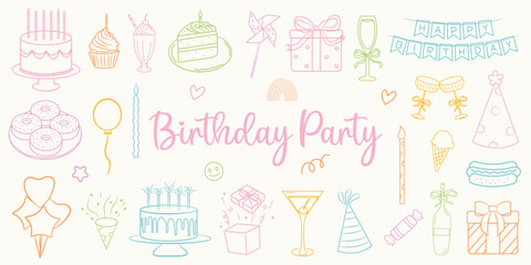 Hand drawn birthday party doodles. Cake, cupcake, milkshake, gifts, party hat, balloons, candles, drinks, confetti, ice cream, and sweets. Vector flat doodle design for birthday card invitation.