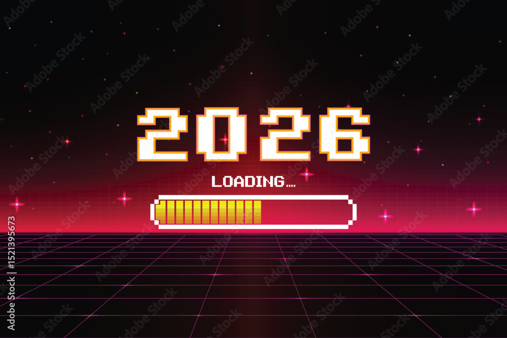 Poster loading 2026. pixel art. 8 bit. retro game. for game assets in vector illustrations. retro futurism 