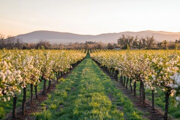 Serene orchard with blossoming fruit trees and a clear sky.