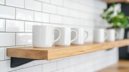 Natural ceramic cups lined up in a cafe setting, showcasing a clean and inviting atmosphere.