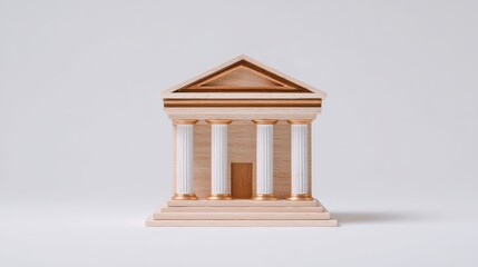 Miniature wooden model of a classic building with columns, featuring a triangular pediment and a door.