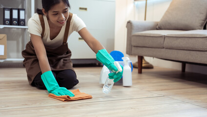 Young housekeeper wearing gloves and cleaning the table with a rag and cleaning spray. Professional...