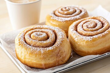 Fototapeta premium Freshly baked cinnamon roll served in a cafe, showcasing a friendly atmosphere and delicious pastry options.