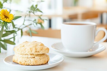 A cozy caf&eacute; setting with a scone, showcasing a friendly atmosphere and elegant pastry display.