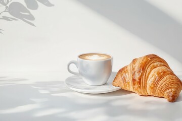 A cozy cafe scene featuring pastry and coffee illuminated by soft morning light.