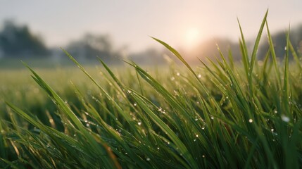 Obraz premium Dew-kissed grass blades glisten in the soft morning light, creating a serene and refreshing natural scene.