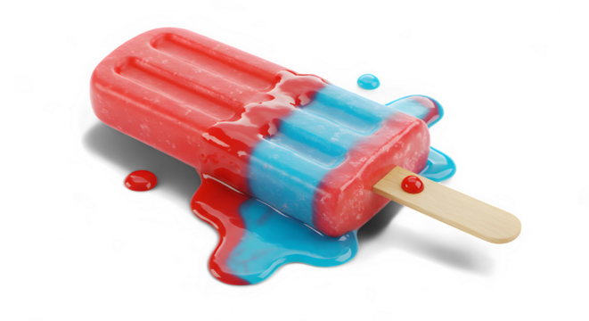 Melting Red and Blue Popsicle with Wooden Stick and Dripping Syrup