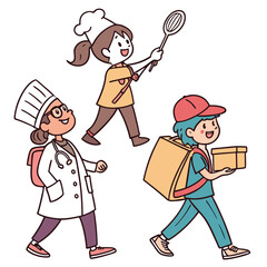 Cartoon illustration of a doctor, chef, and delivery person walking with their respective tools