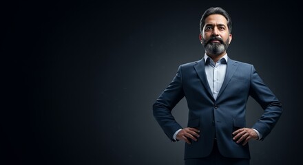 Confident young businessman standing tall with hands on hip in a dark suit looking serious