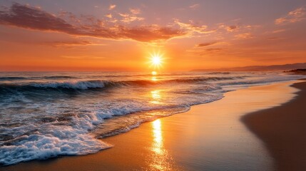 Stunning sunset over a beach with gentle waves reflecting warm colors, creating a serene and picturesque coastal scene.