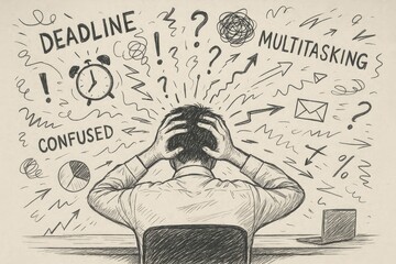 Overwhelmed businessman stressed by multitasking and deadlines