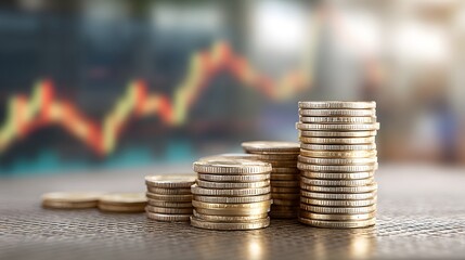 gold coins stacked high symbolizing financial growth, with a blurred  background of financial market indicators