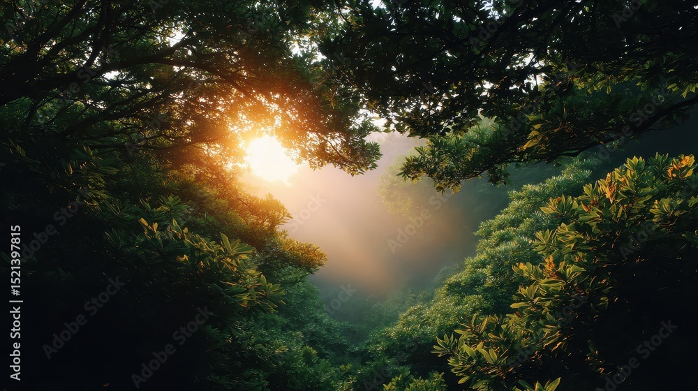 Poster sunlight filters through dense foliage, creating a serene and enchanting atmosphere in a lush forest