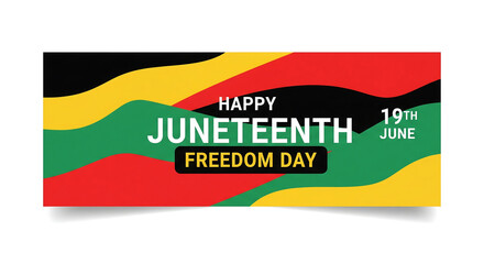 Colorful juneteenth celebration banner with wavy flag style depicting freedom and unity for african americans
