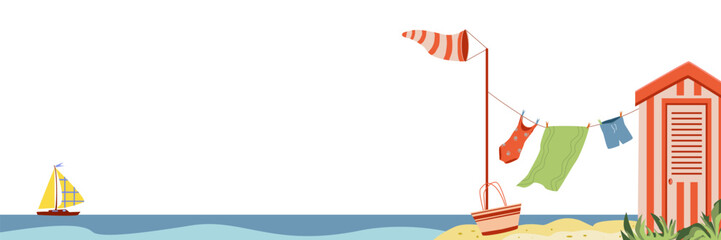 Colored sea landscape with beach hut, yellow yacht, swimsuit, shorts, towel, bag. Vector illustration. Sea elements for greeting cards, decoration, magazines, banners, menu, patterns and designs