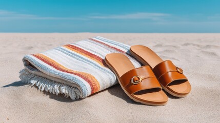 A pair of stylish brown sandals rests beside a striped beach towel on soft sand under a clear blue sky.