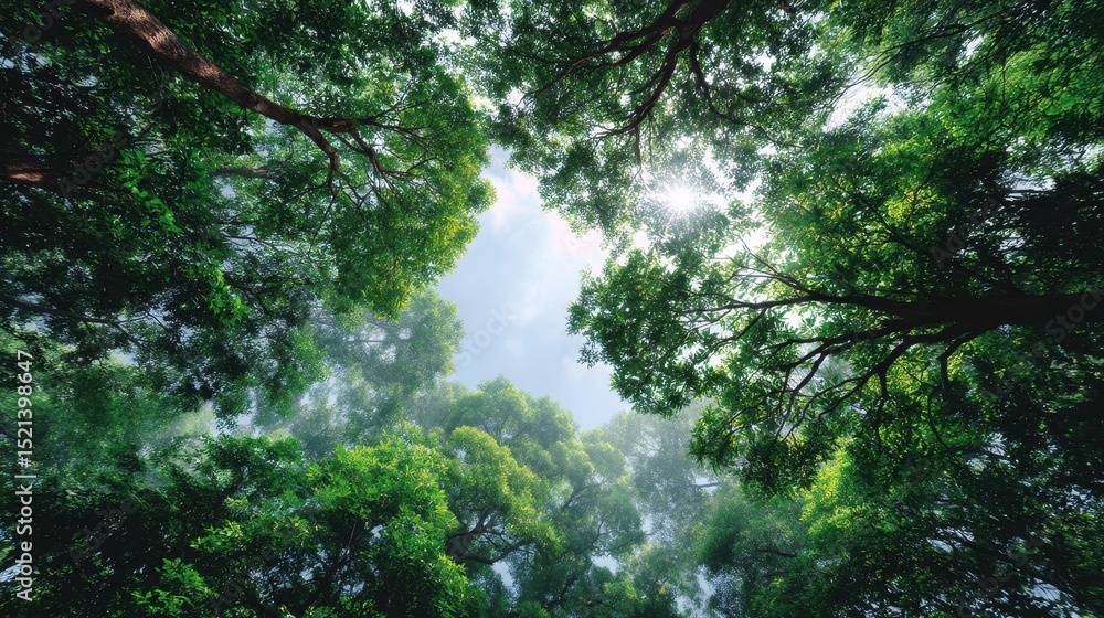 Poster a view of a canopy of trees with a glimpse of the sky peeking through, showcasing vibrant greenery a