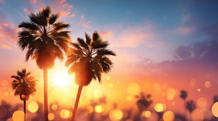 Bright sunset over palm trees with sparkling bokeh effect, creating a vibrant and warm atmosphere.