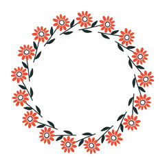 Hand drawn floral wreath with pink flowers and leaves in flat style. Circular botanical frame on white background. Perfect for wedding design, invitations, logos, and greeting cards.