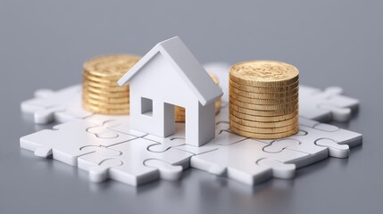 A house model on puzzle pieces surrounded by stacks of coins, representing real estate investment and financial planning.