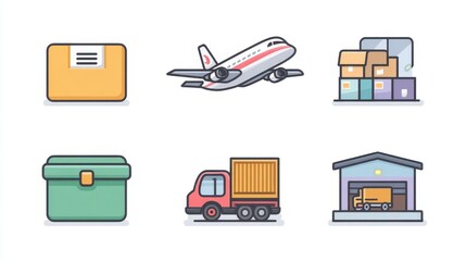 Icons representing logistics, transportation, and storage, including a plane, packages, truck, and shipping containers.